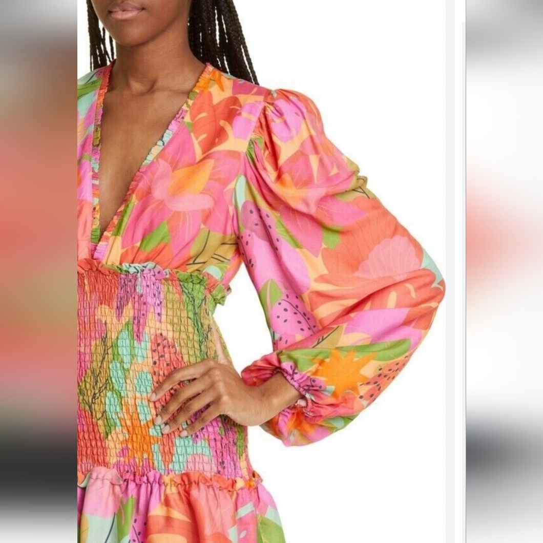Farm Rio Sweet Forest Smocked Long Sleeves Mini Dress In Multi /Sz:Xsmall